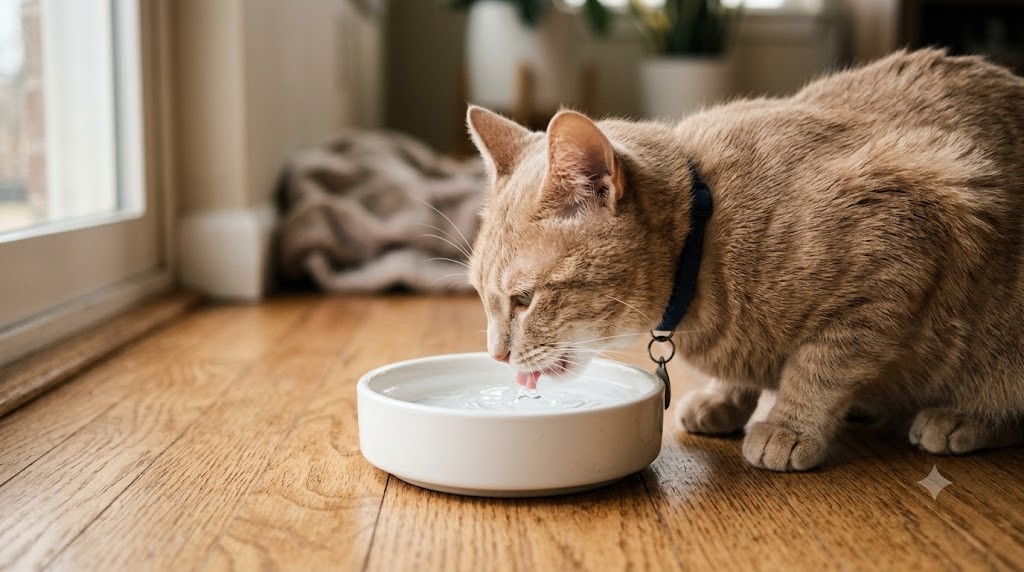 白い陶器の水皿から水を飲む猫