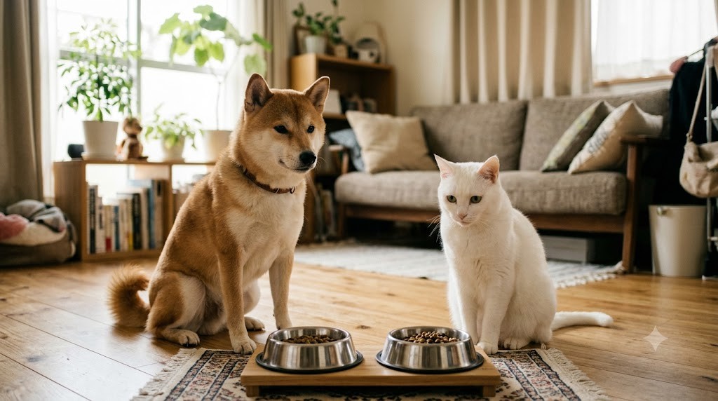 フードボウルの前で行儀よく待つ柴犬と白い猫