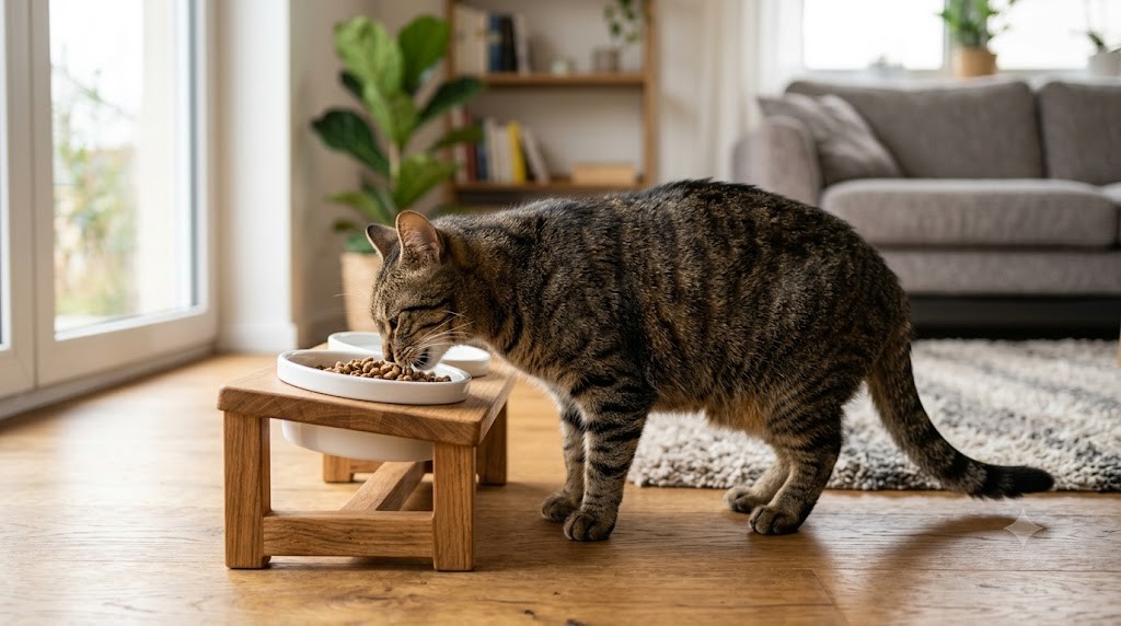 高さのある食器で食事する猫