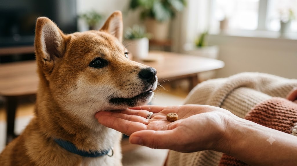 飼い主の手からおやつをもらう柴犬