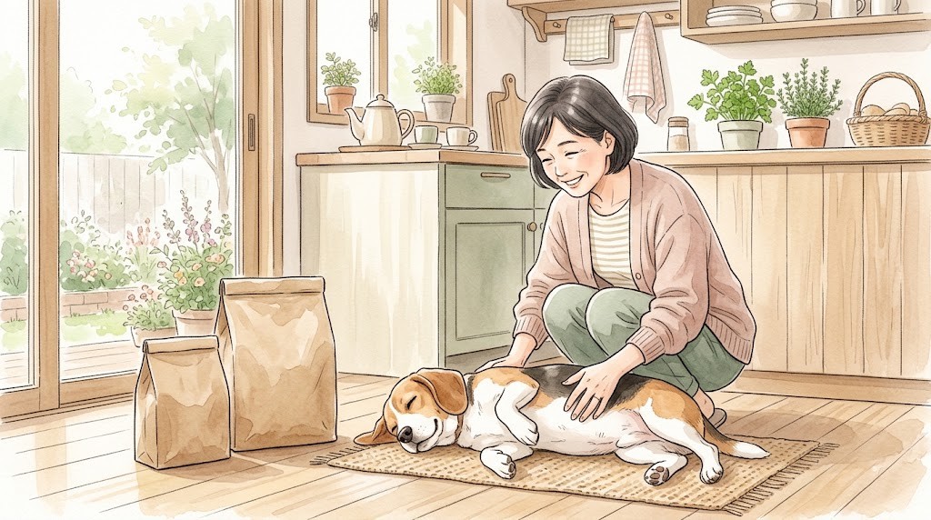 ふっくらした犬のお腹をなでる飼い主と大小2つのフードの袋