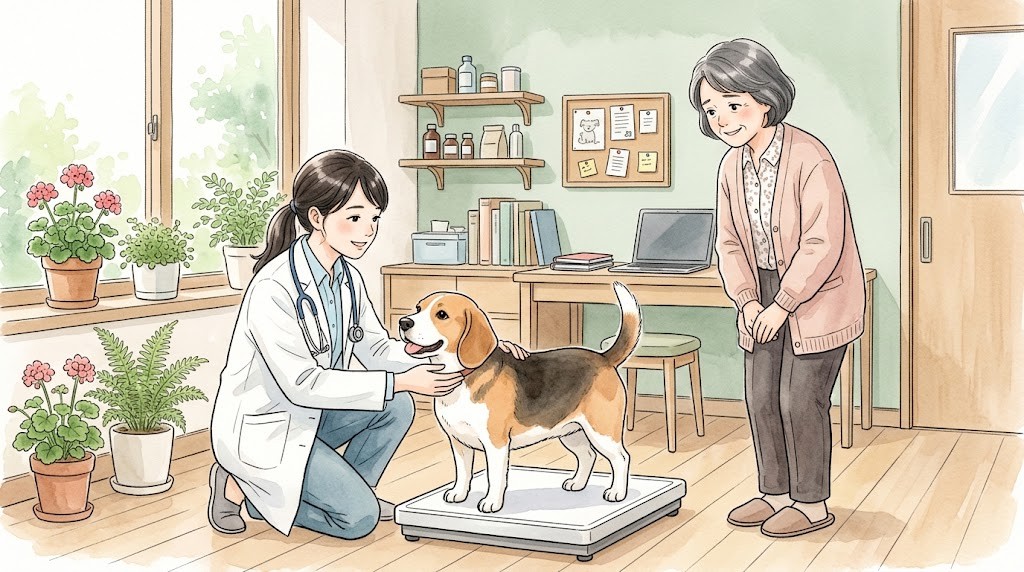 動物病院の体重計に乗る犬と見守る獣医師・飼い主