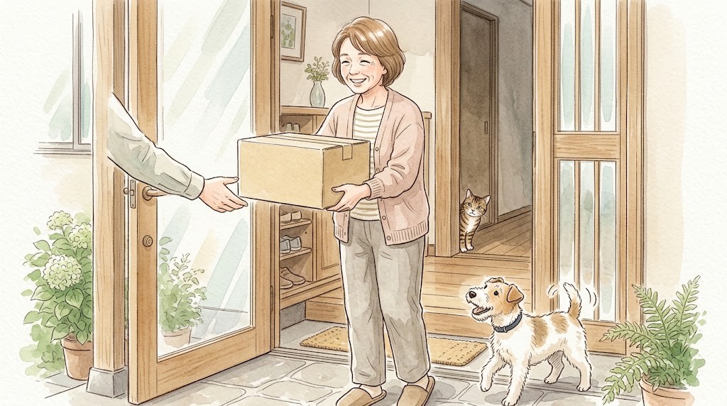 玄関で療法食の宅配を受け取る飼い主と喜ぶ犬