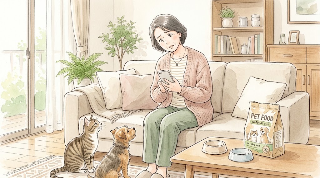 スマホで療法食の購入先を探す飼い主と足元の犬猫