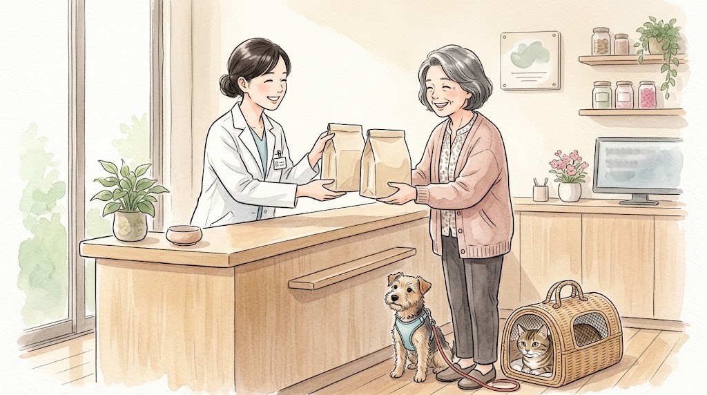 動物病院の受付で療法食を受け取る飼い主と犬猫