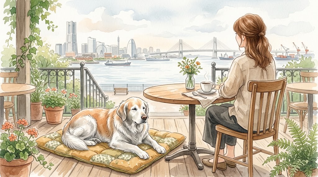 カフェのテラスでくつろぐシニアのゴールデンレトリバーと横浜港の水彩イラスト
