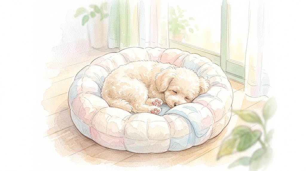 ベッドで丸くなってお昼寝する小型犬の水彩イラスト