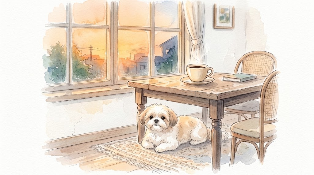 夕方の喫茶店の足元でくつろぐ小型犬の水彩イラスト