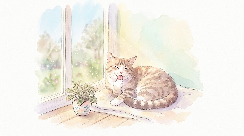 窓辺のひなたで毛づくろいする猫の水彩イラスト