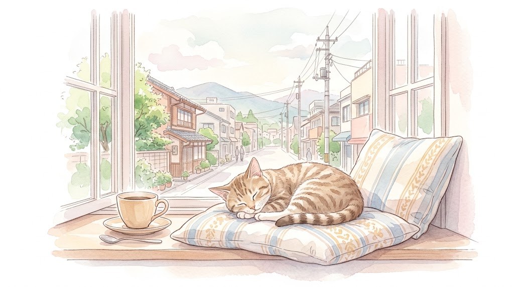 喫茶店の窓辺で眠る猫の水彩イラスト
