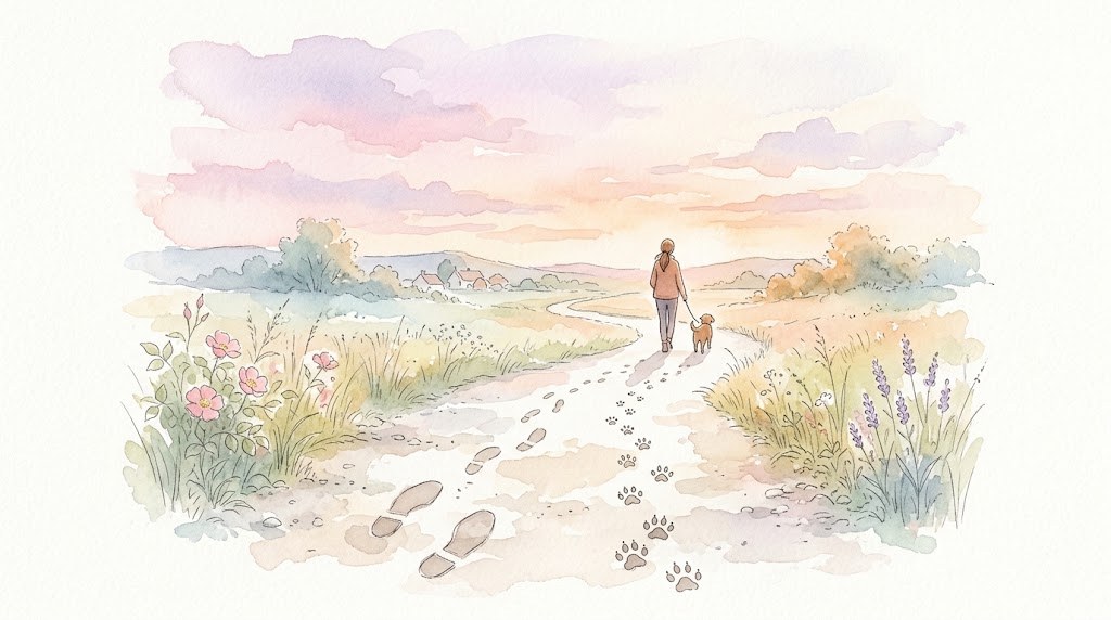夕暮れの散歩道に続く足跡と肉球の跡の水彩イラスト