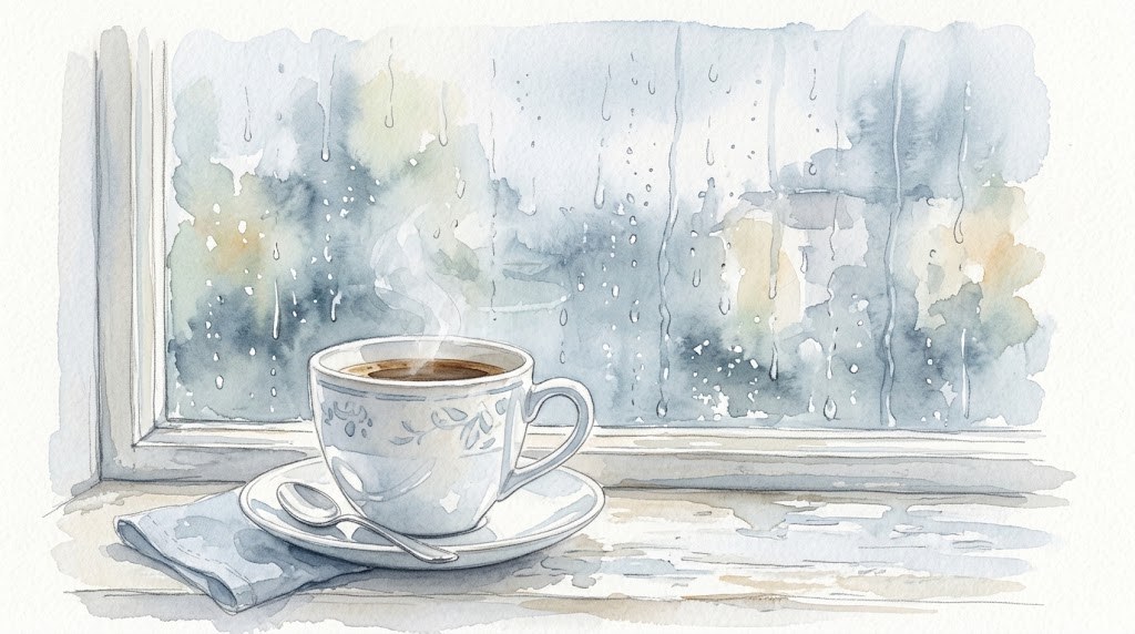 雨の窓辺の磁器のカップの水彩イラスト