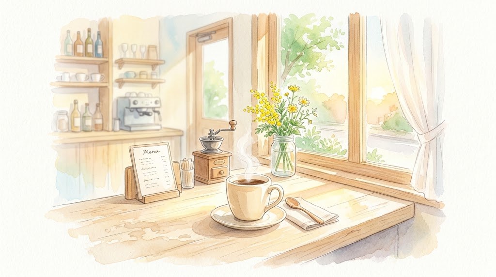 朝日が差し込む喫茶店のカウンターの水彩イラスト
