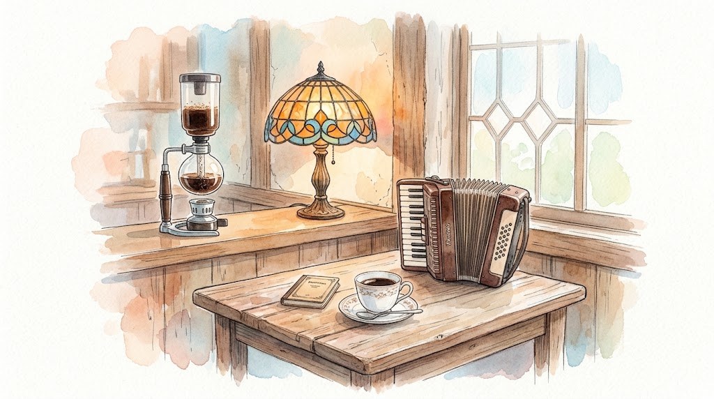 昭和の純喫茶とアコーディオンの水彩イラスト