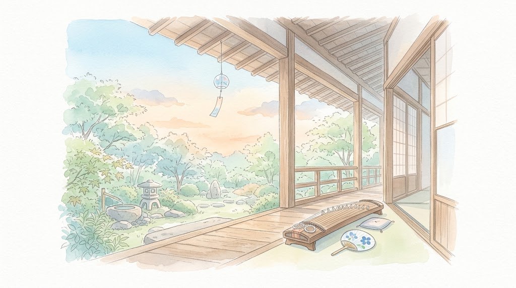 縁側と風鈴、お琴の夕涼みの水彩イラスト