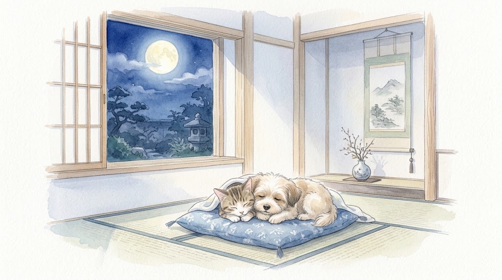 月明かりの畳の部屋で眠る犬と猫の水彩イラスト
