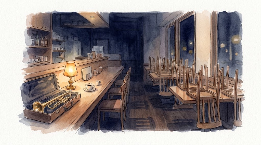 閉店後の喫茶店とトランペットの水彩イラスト