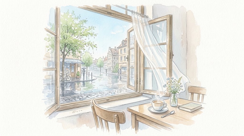 雨上がりの朝の喫茶店の窓辺の水彩イラスト