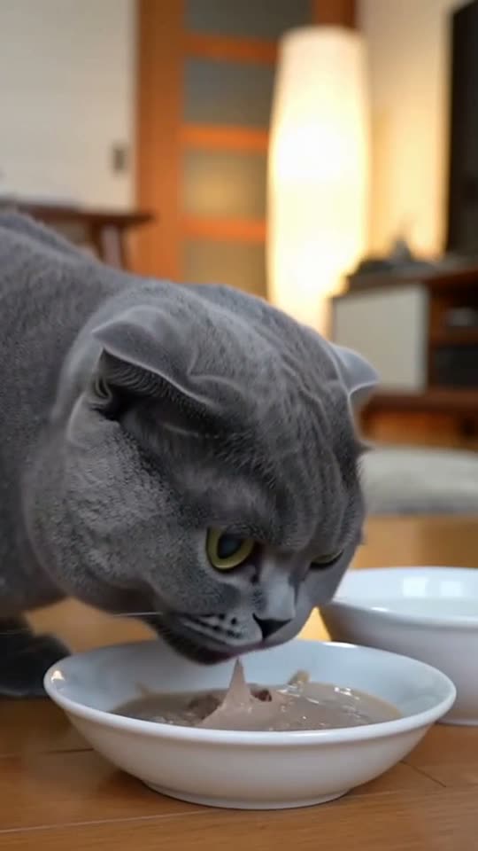 スコティッシュがごはんを食べるようす（AI生成映像）